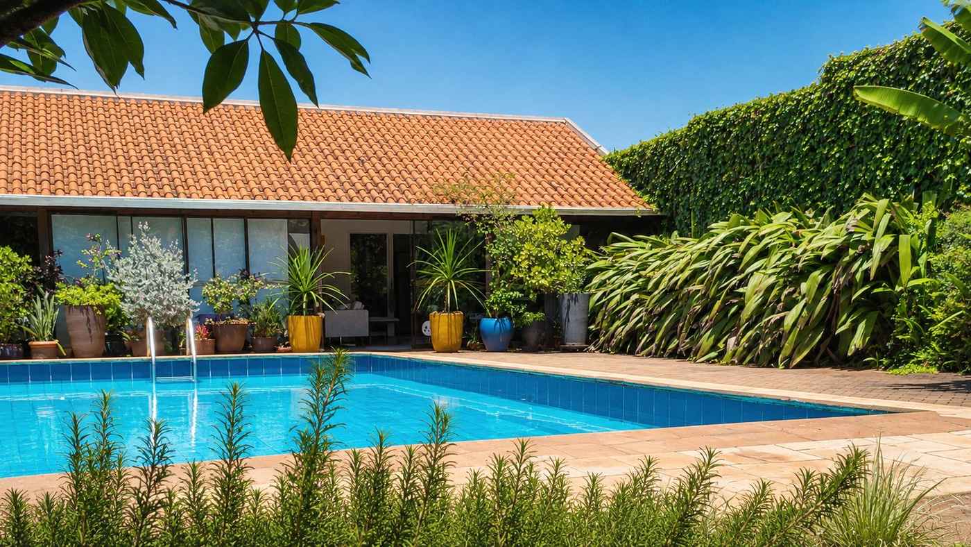 A casa da Lumin'área vista do jardim, com a piscina e o verde ao redor