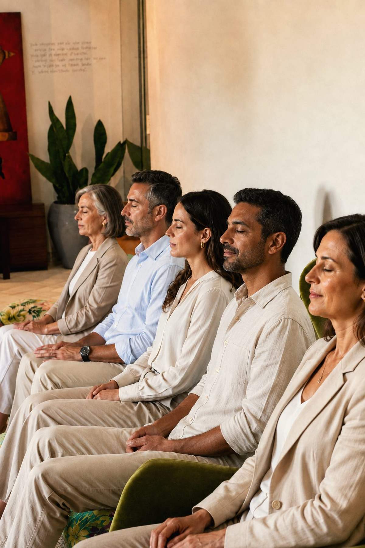 Prática de meditação em grupo na sala da Lumin'área